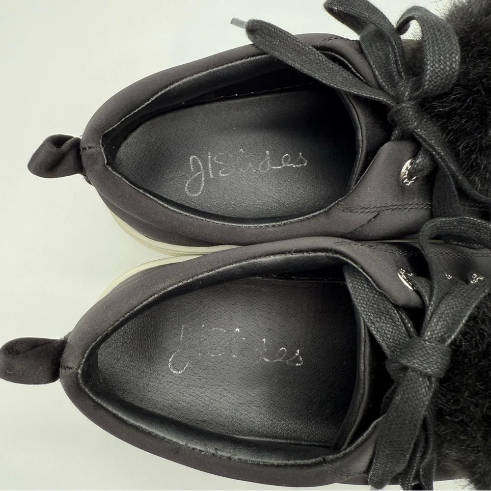 J/SLIDES Faux Fur Pom Pom Satin Platform Lace-Up Black Women’s Sneakers Size 7 - Picture 10 of 14
